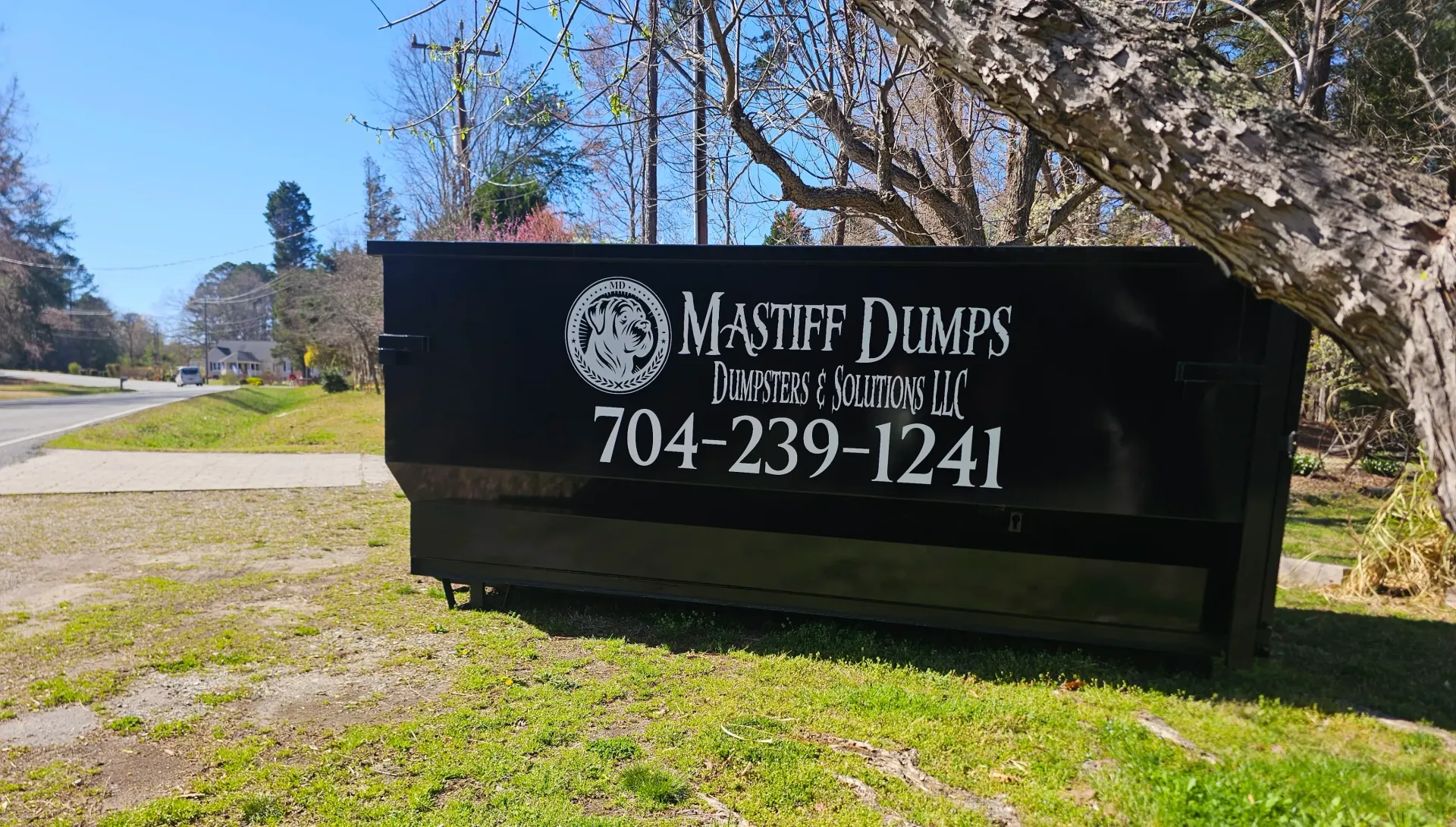 A black dumpster is sitting in the grass next to a tree.