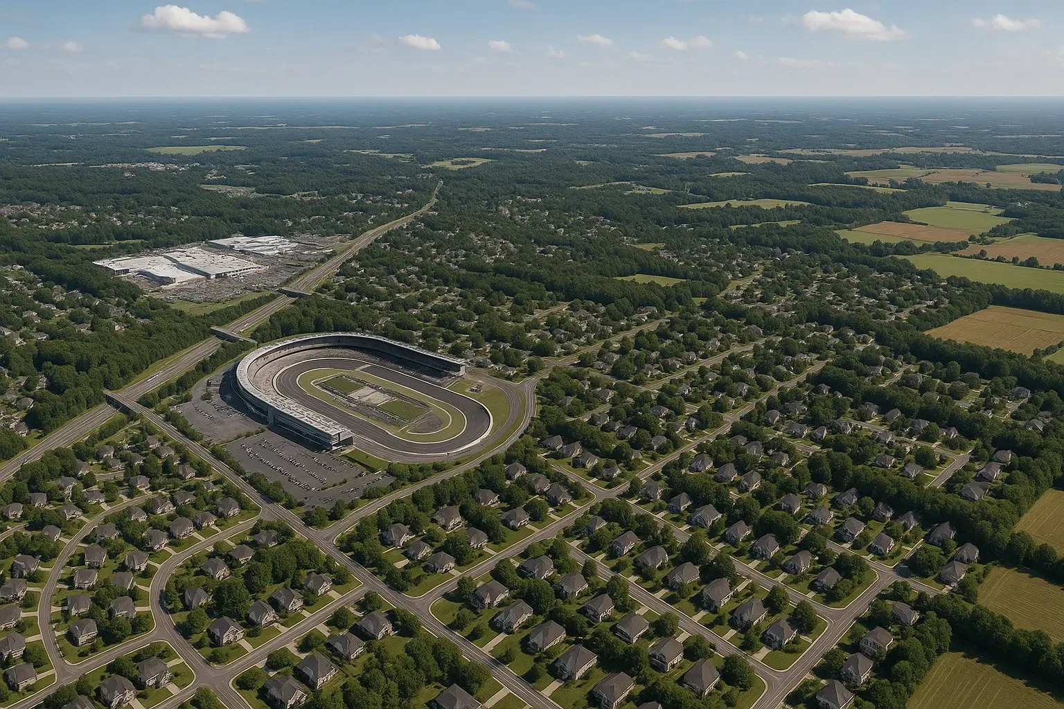 An aerial view of a race track in the middle of a residential area.