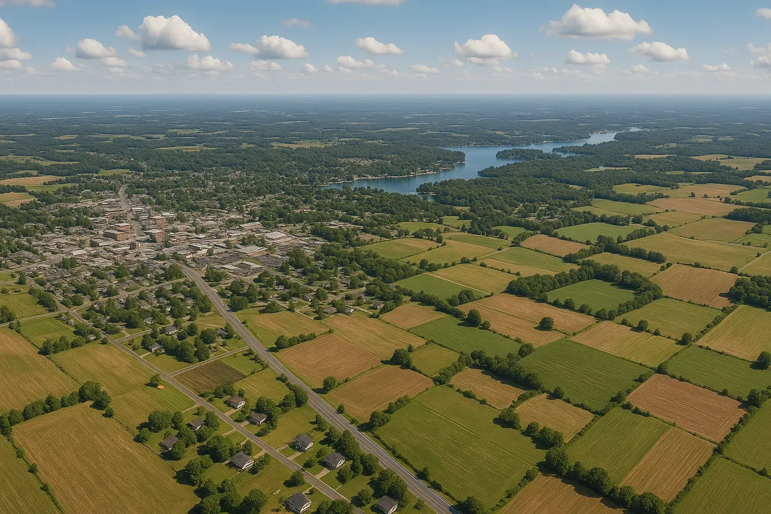 An aerial view of a city surrounded by fields and trees