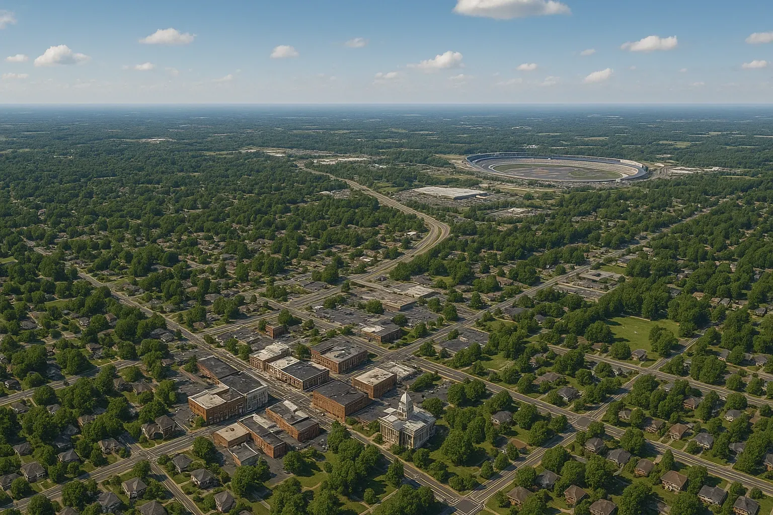 An aerial view of a residential area surrounded by trees and houses.