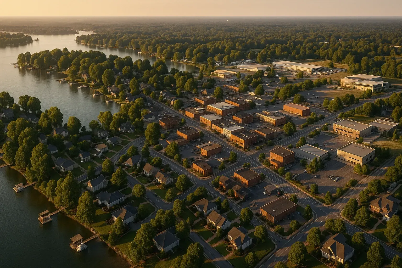 An aerial view of a small town next to a lake.