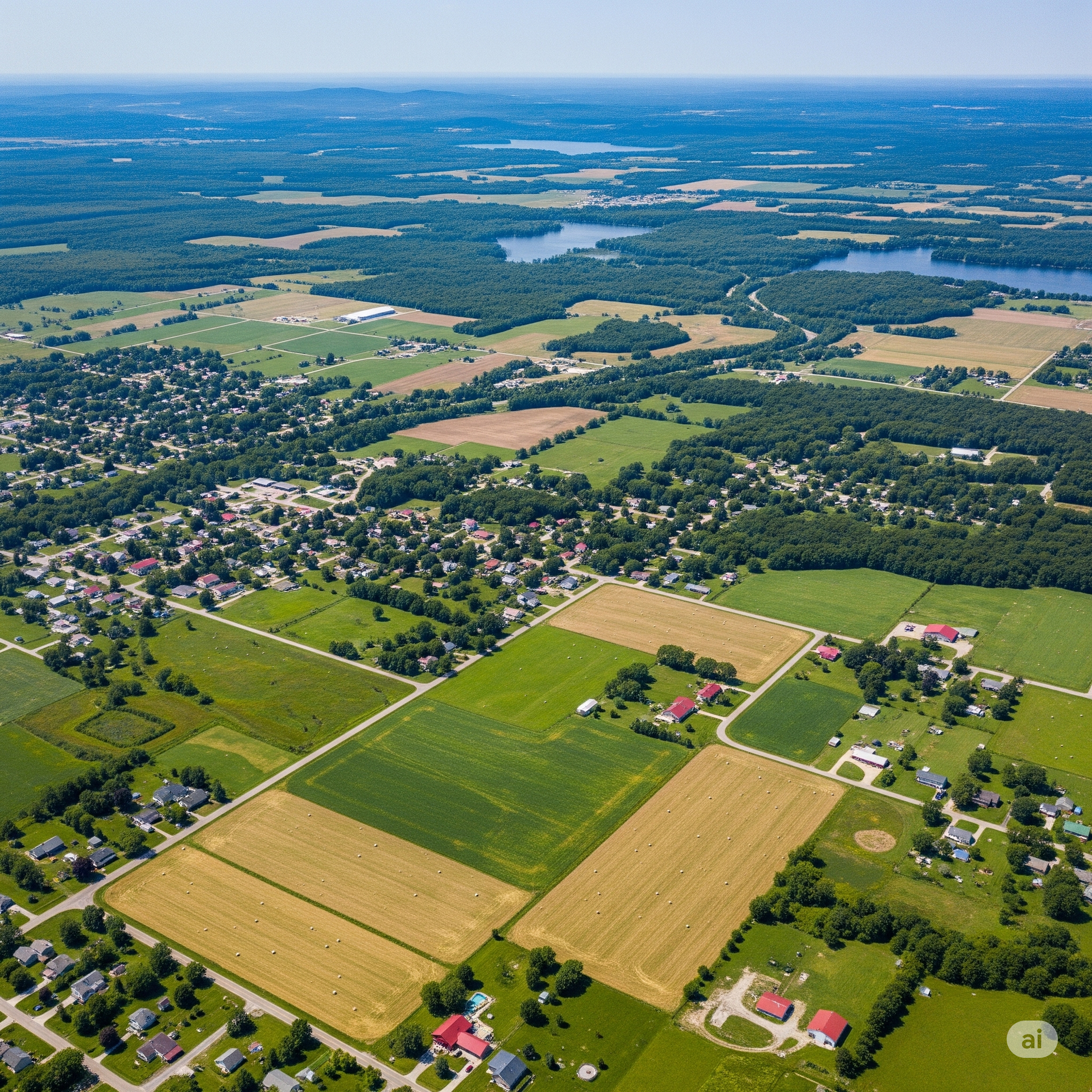 An aerial view of a small town surrounded by fields and trees
