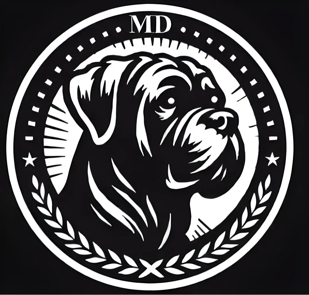 A black and white drawing of a dog 's head in a circle.