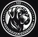 A black and white image of a dog in a circle with the word md on it