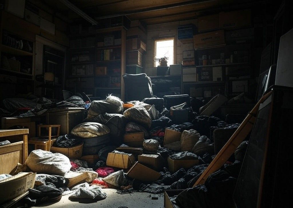 A dark room filled with lots of boxes and bags