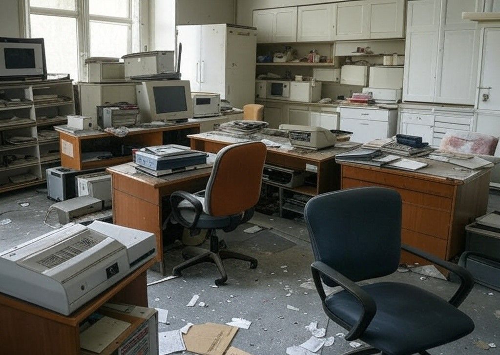A very messy office with a chair in the middle