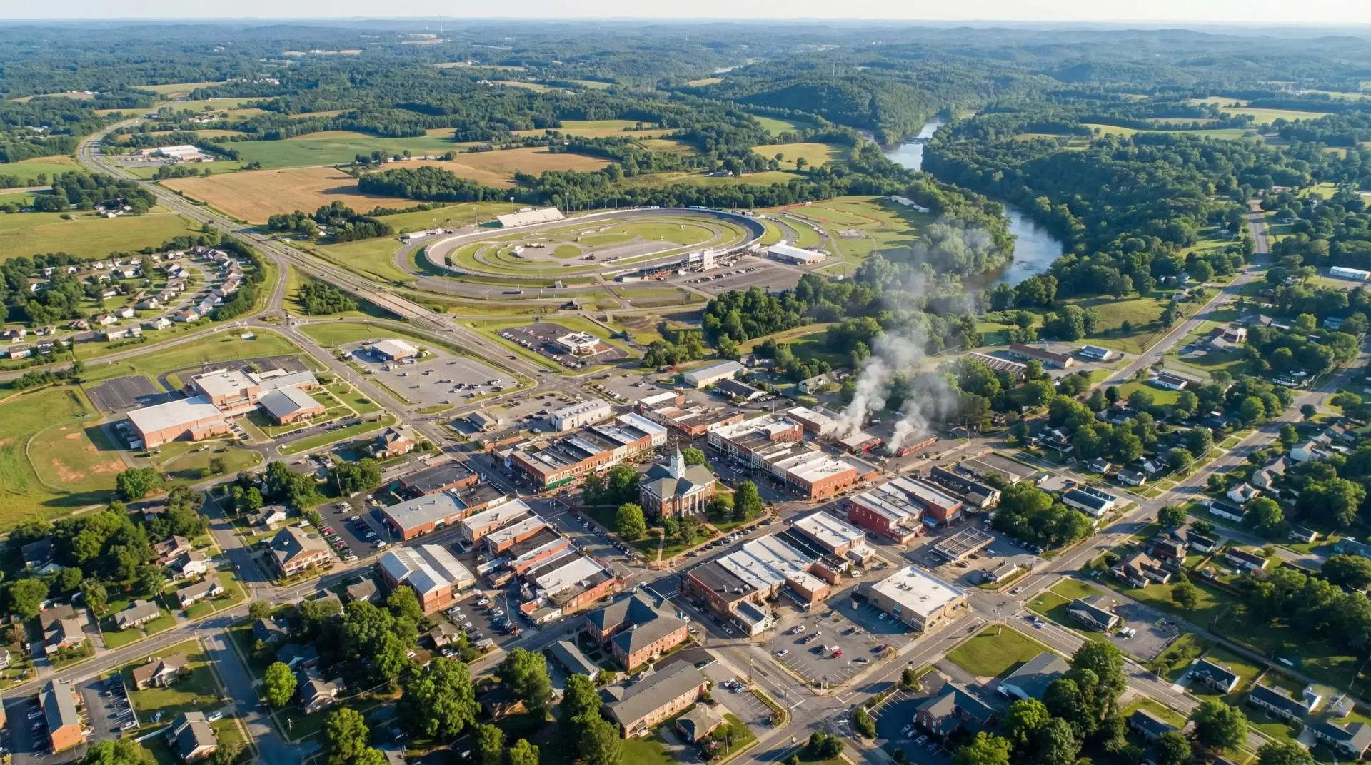 An aerial view of a small town next to a lake.