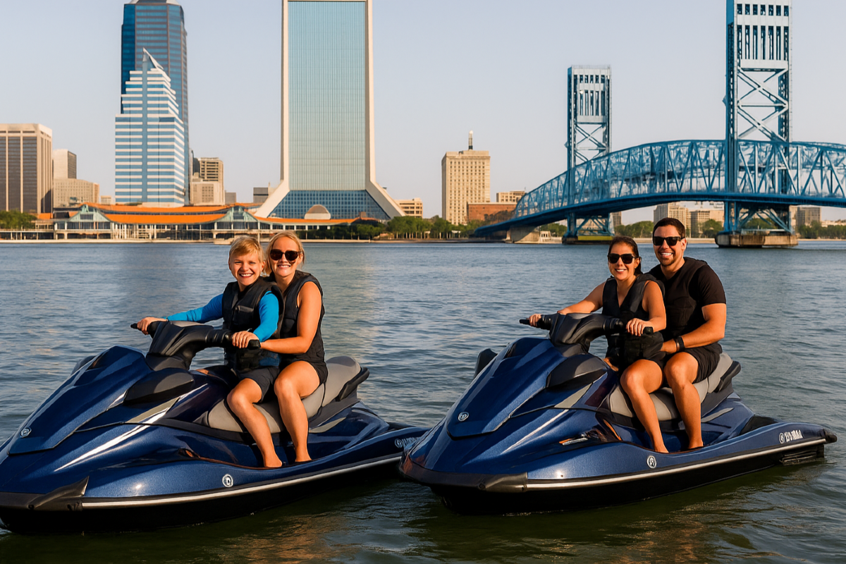 A group of people are riding jet skis in the water.