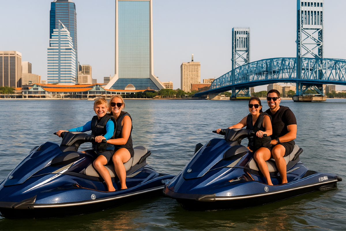 A group of people are riding jet skis on a body of water.