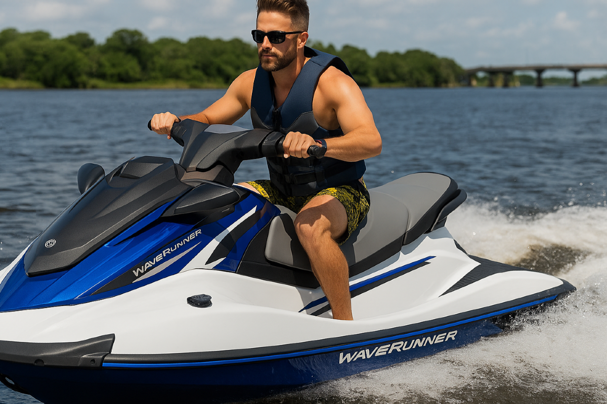 A man is riding a jet ski on a lake.