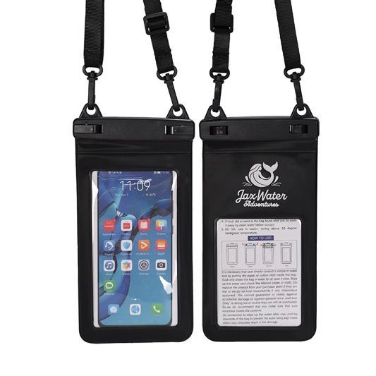 Two black waterproof phone pouches with adjustable straps. One shows a phone screen, the other has a logo and instructions.