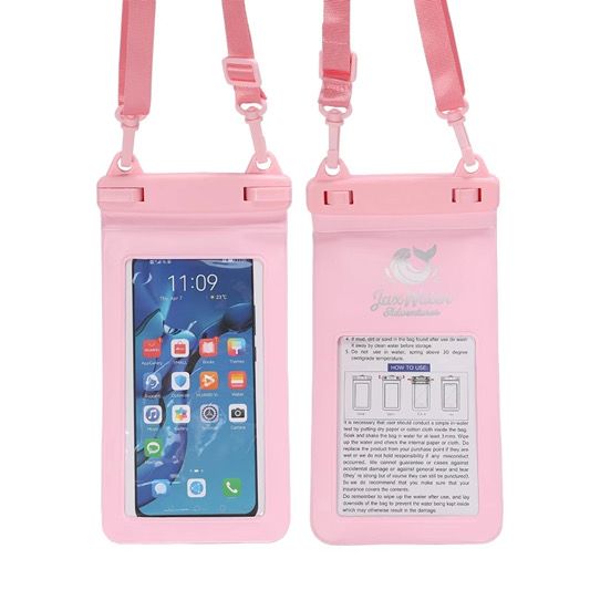 Pink waterproof phone case with adjustable strap, holding a phone with a visible screen. The back has instructions.
