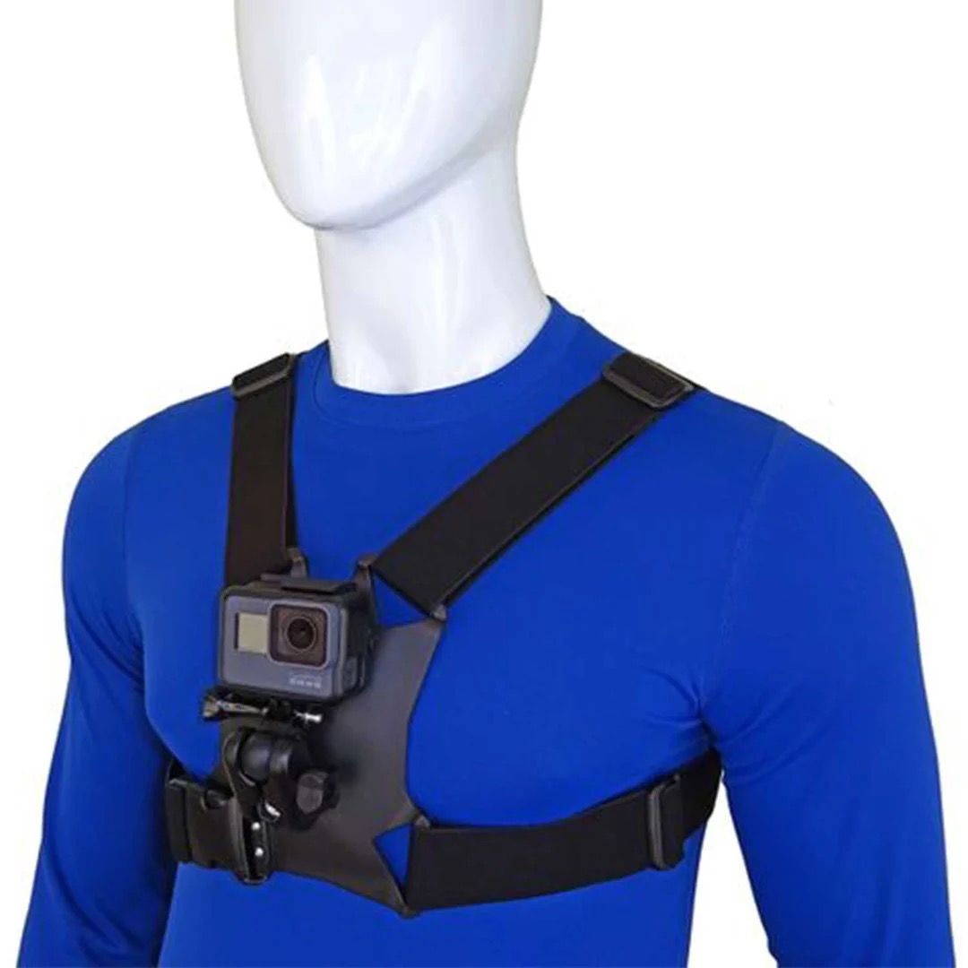 Mannequin wearing a blue shirt with a black chest mount holding a GoPro camera.