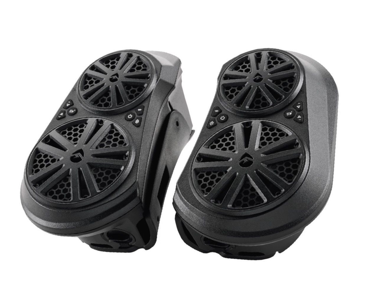 Two black motorcycle speakers with two grilles each, angled towards the viewer.