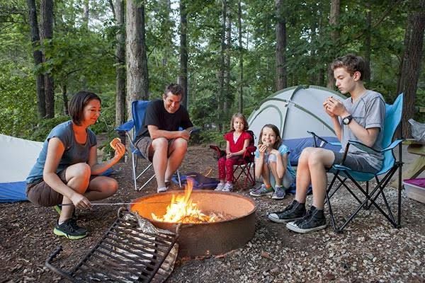 Group of campers sitting around a campfire in a wooded campsite with tents and folding chairs