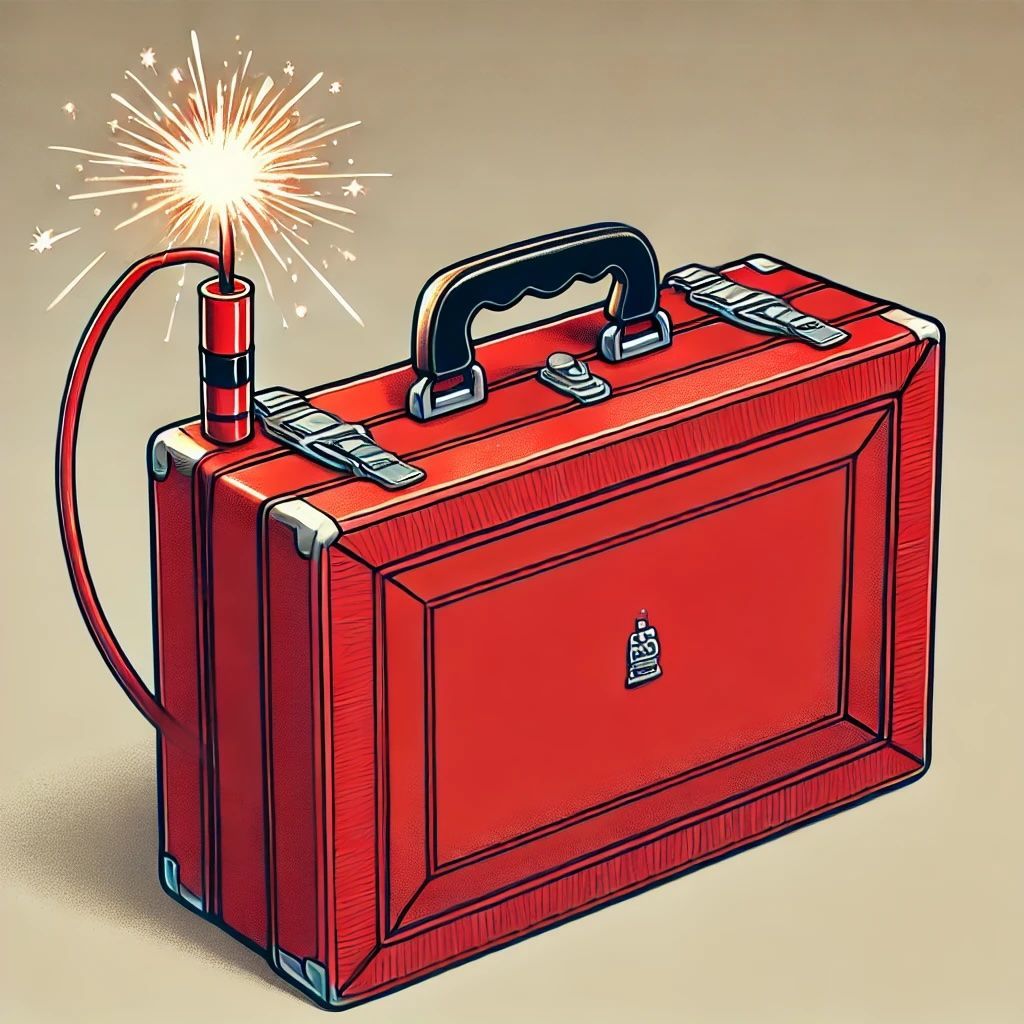 A cartoon illustration of the iconic red briefcase used by the UK Chancellor. The briefcase is depicted with a lit fuse attached to the top, sparking with bright, fiery energy, symbolising urgency and impending action. The briefcase maintains its classic design with a black handle, silver latches, and bright red color. The background is plain, drawing attention to the briefcase and the lit fuse.