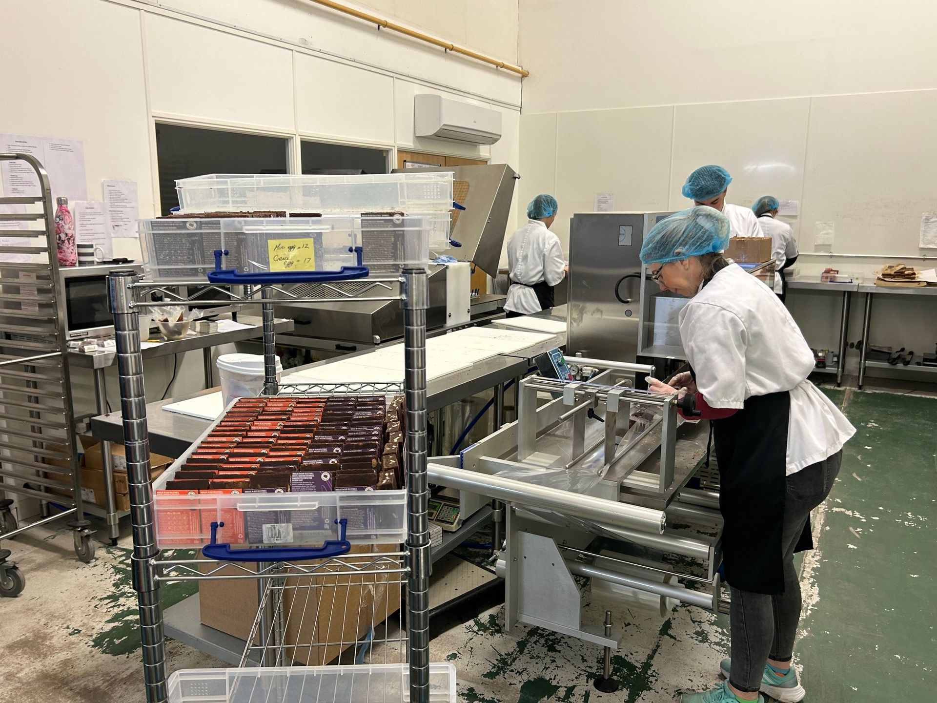 Several operatives are working on a food production line. They are producing chocolate brownies.