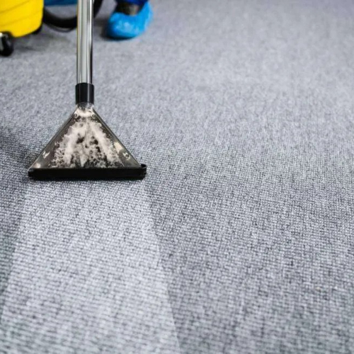 Carpet being cleaned with an industrial vacuum, showing a clean area next to a dirty area.