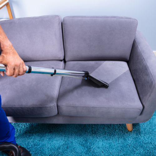 Person vacuuming a gray couch with a vacuum cleaner on a blue rug.