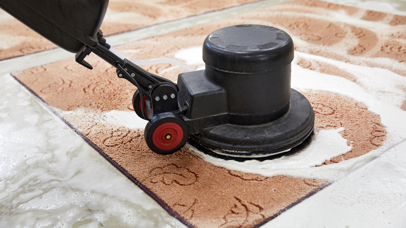 Floor buffer cleaning a patterned rug.