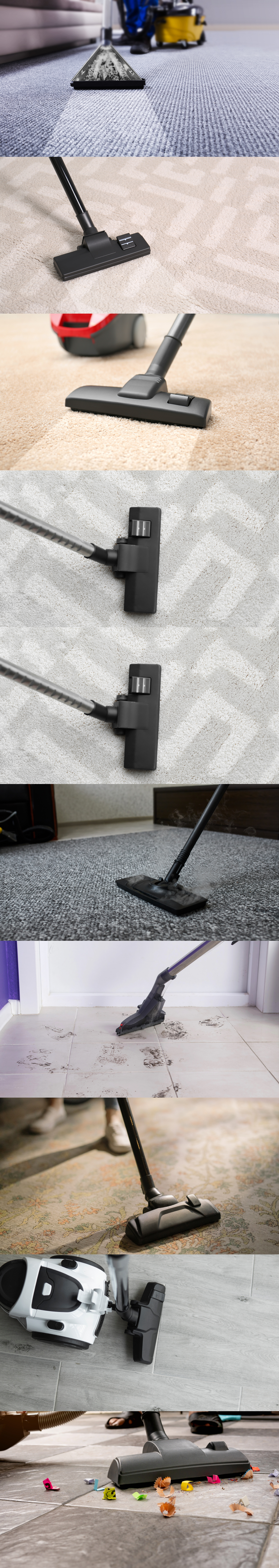 A series of close-up photos show a vacuum cleaner being used on different surfaces.