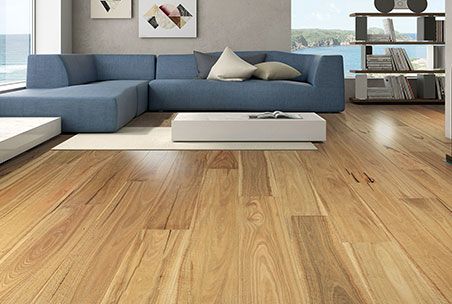 A Living Room With A Blue Couch And A Wooden Floor — Mid Coast Flooring & Blinds In Taree, NSW
