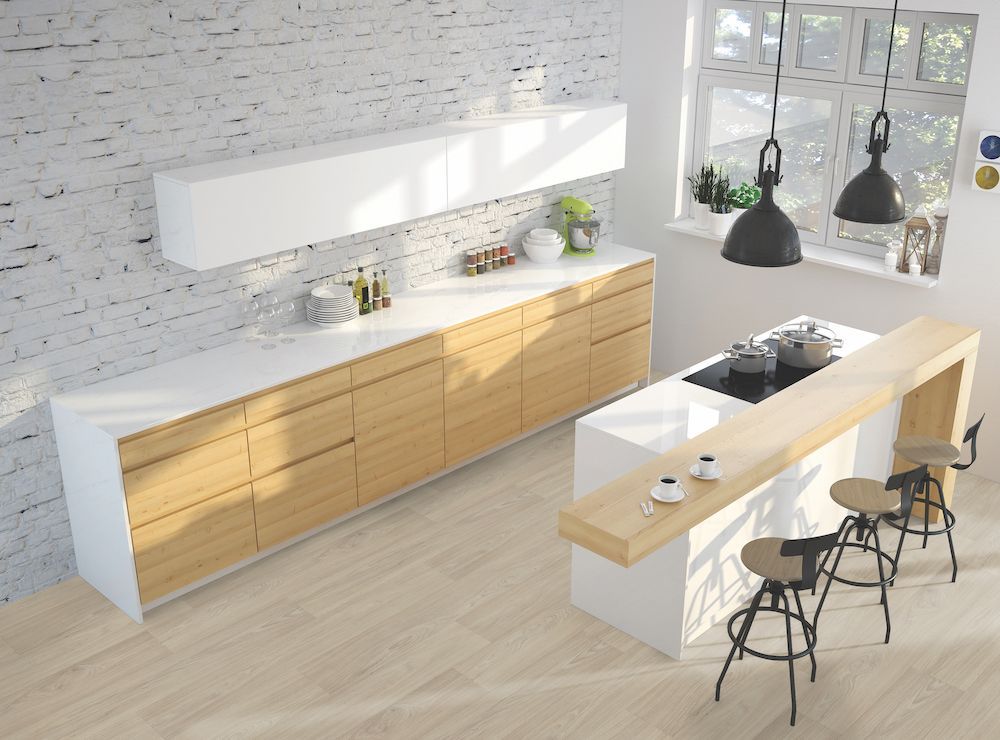A Modern Kitchen With Wooden Cabinets And White Counter Tops — Mid Coast Flooring & Blinds In Wingham, NSW