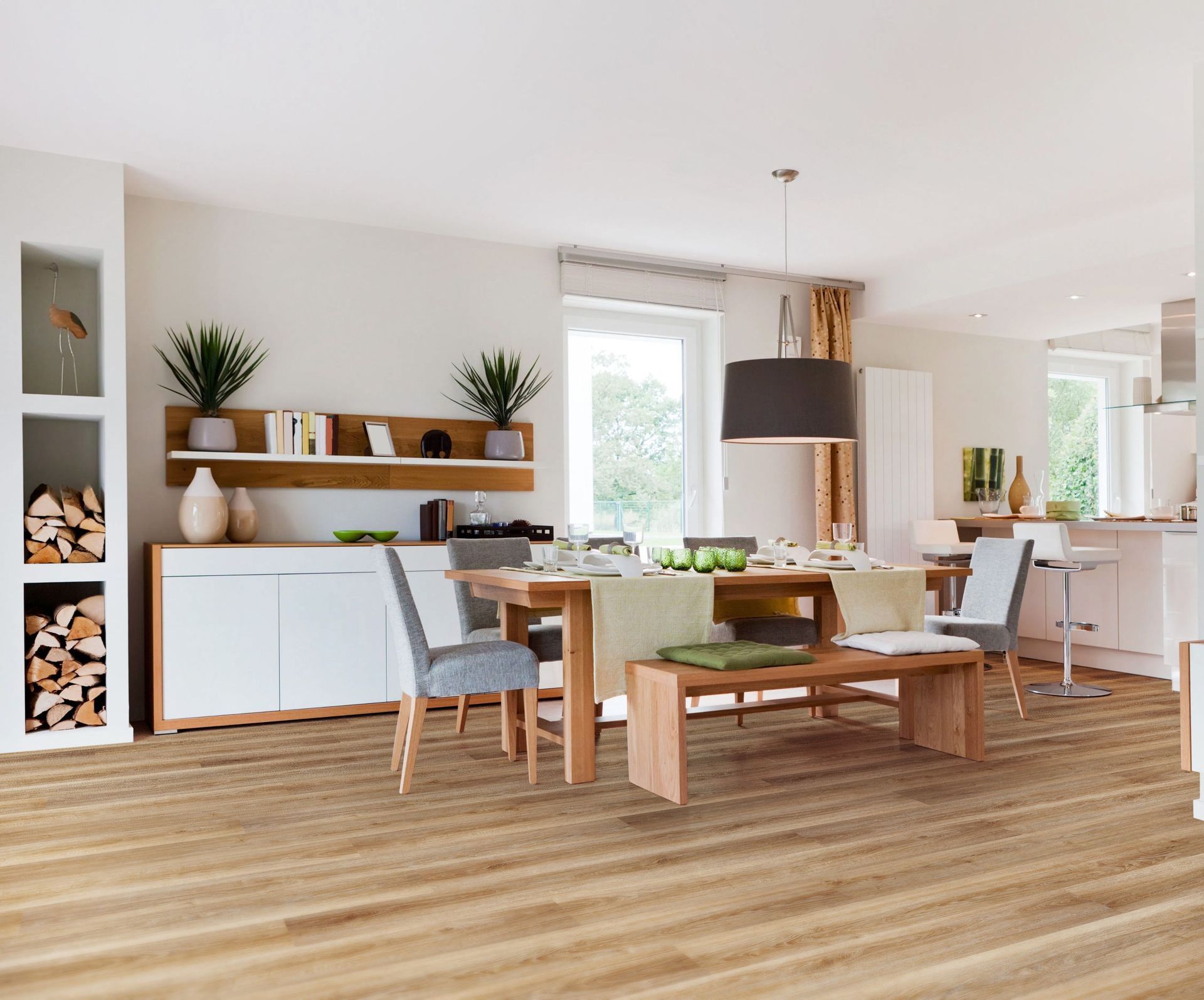 A Dining Room With A Table And Chairs And A Bench — Mid Coast Flooring & Blinds In Taree, NSW