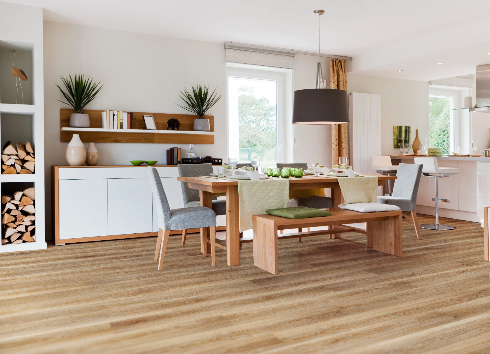 A Living Room With A Wooden Floor And A Dining Room With A Table And Chairs — Mid Coast Flooring & Blinds In Harrington, NSW