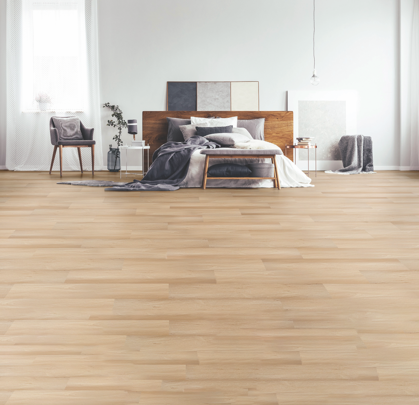 A Bedroom With Hardwood Floors And Purple Walls — Mid Coast Flooring & Blinds In Harrington, NSW