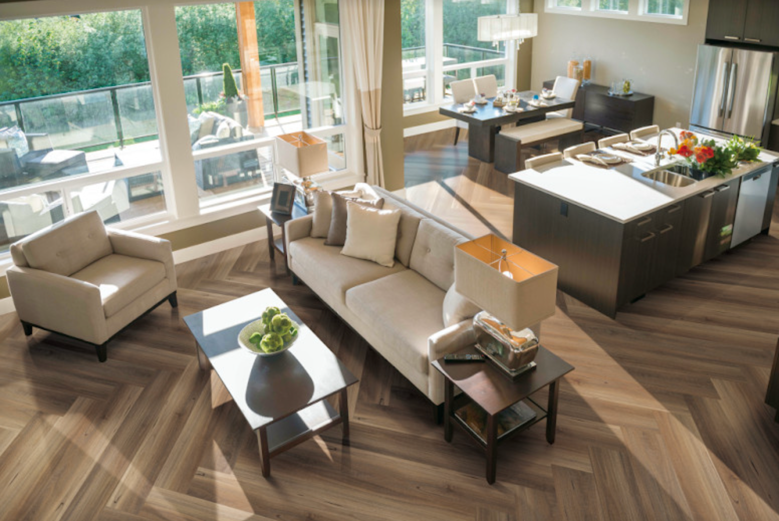 A Living Room With A Wooden Floor And A Dining Room With A Table And Chairs — Mid Coast Flooring & Blinds In Laurieton, NSW
