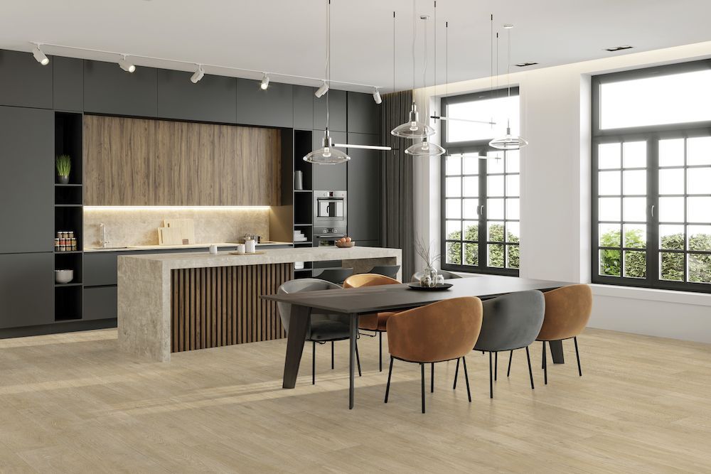 A Kitchen With A Dining Table And Chairs In It — Mid Coast Flooring & Blinds In Old Bar, NSW