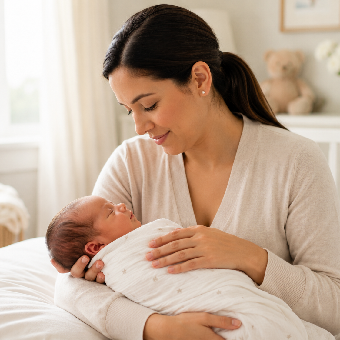 Woman gently tucks a baby in a crib beside a hanging mobile.