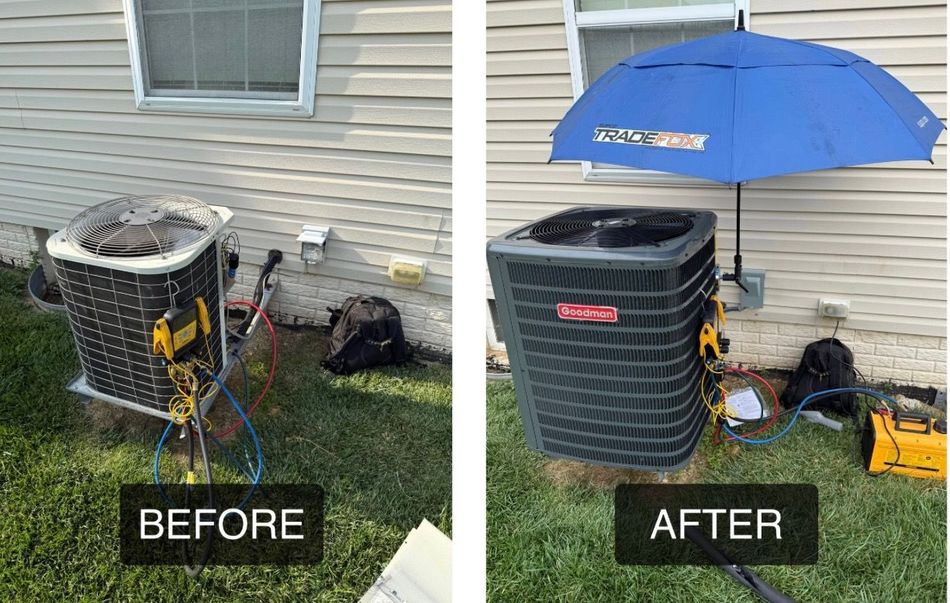 A before and after picture of an air conditioner with an umbrella over it.