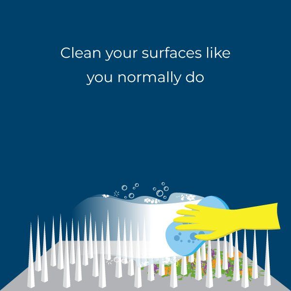 a hand is cleaning a surface with a sponge and the words clean your surfaces like you normally do