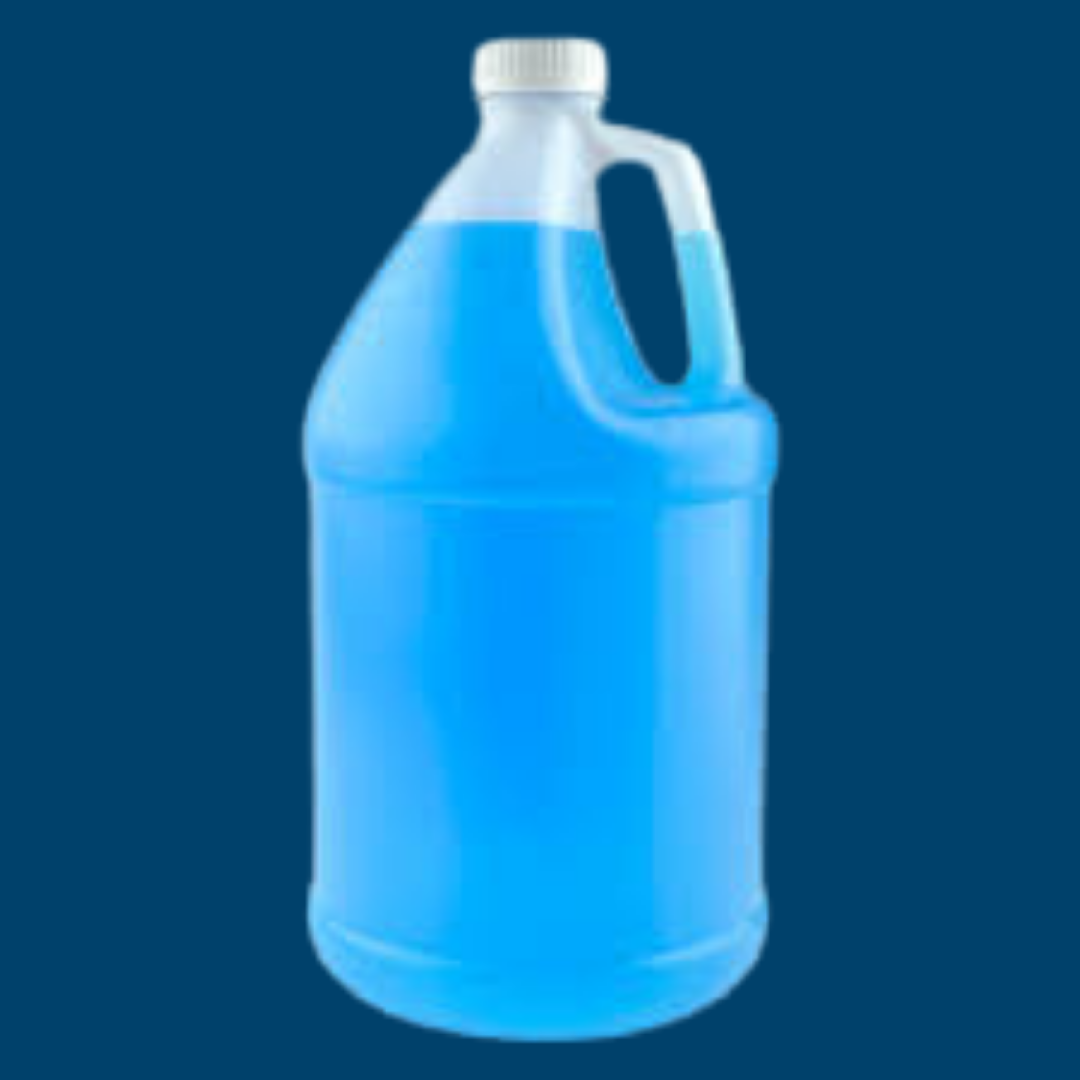 a gallon bottle of blue liquid with a handle on a blue background .