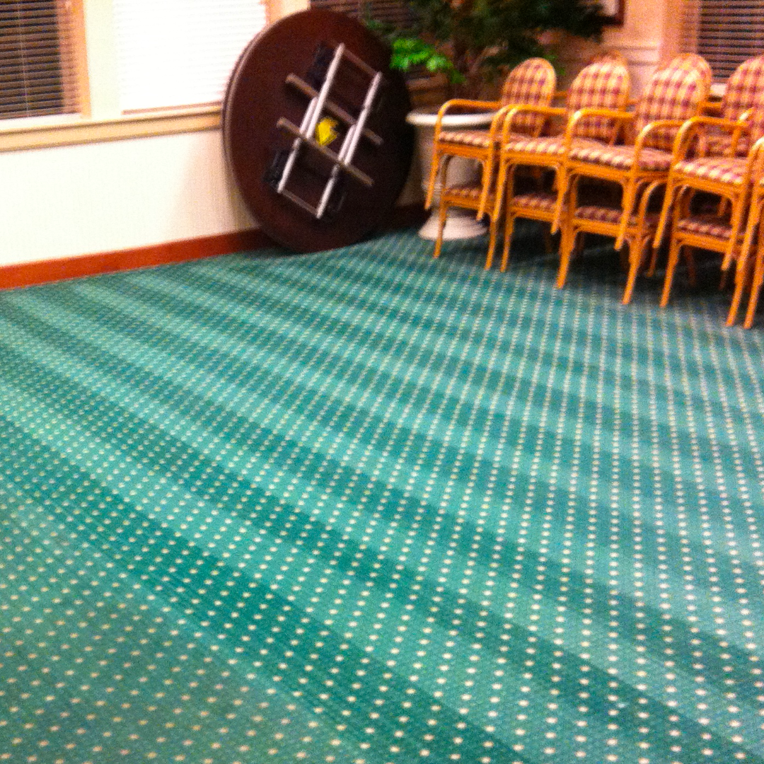 a green carpeted room with chairs and a table