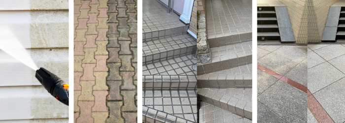 a collage of four pictures of a building and stairs being cleaned with a high pressure washer .
