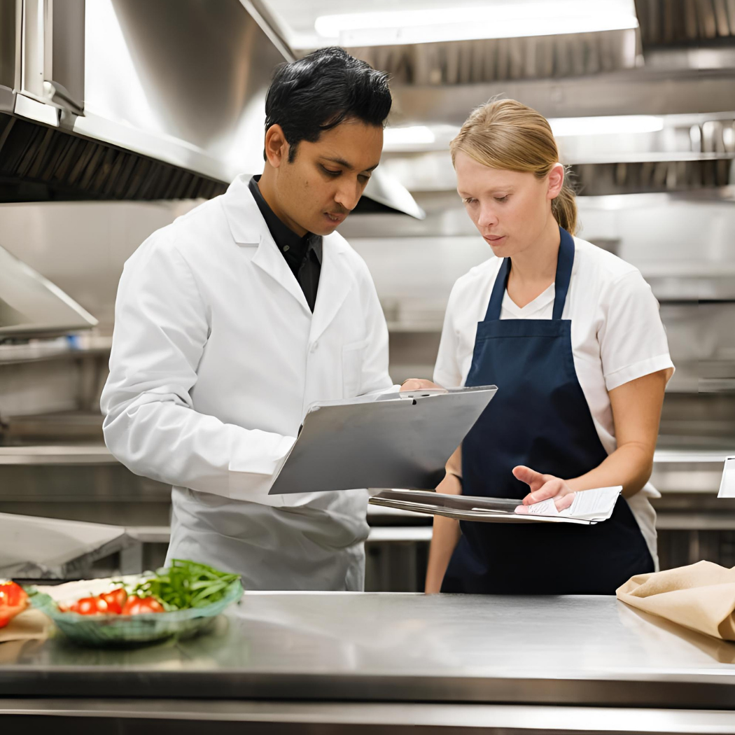 commercial chef and health inspector reviewing checklist