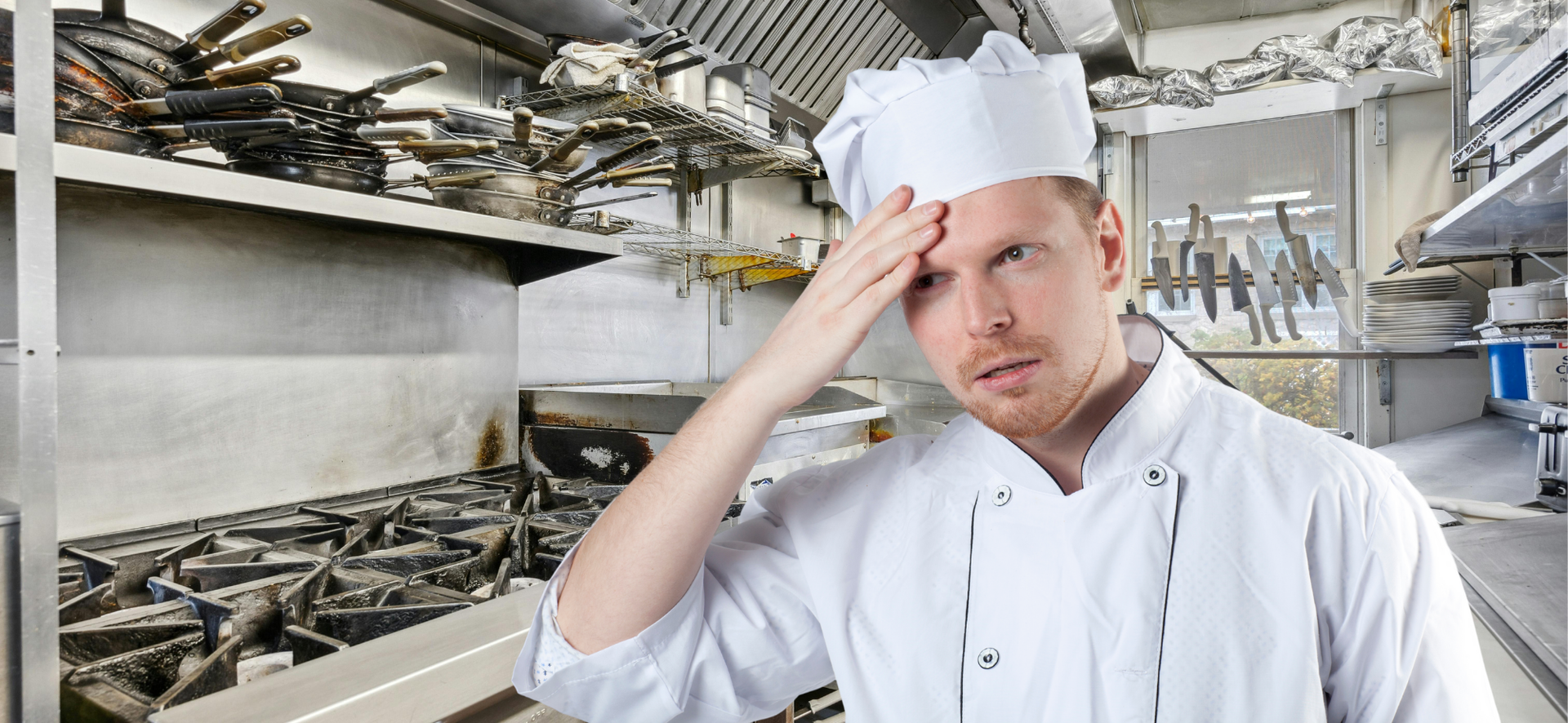 Worried professional chef thinking about health inspection of his commercial restaurant or food production kitchen facility