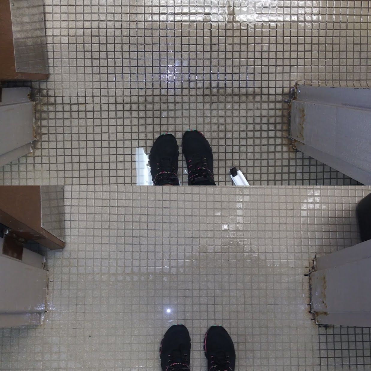 a pair of black shoes standing on a tiled floor