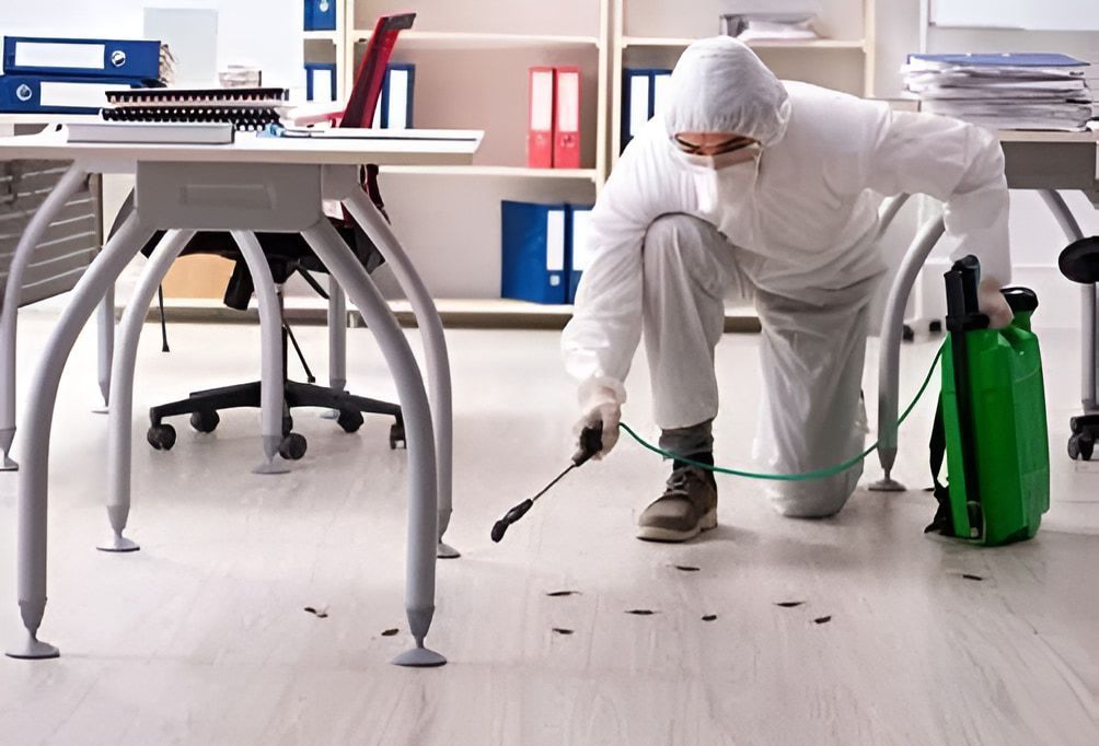 A Man In A Protective Suit Is Spraying Insecticide On The Floor Of An Office — Maximum Pest Management In Mareeba, QLD