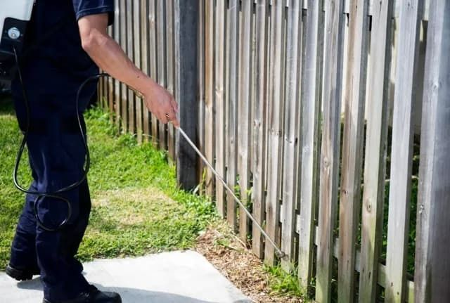 A Man Is Spraying A Wooden Fence With A Sprayer — Maximum Pest Management In Cairns, QLD