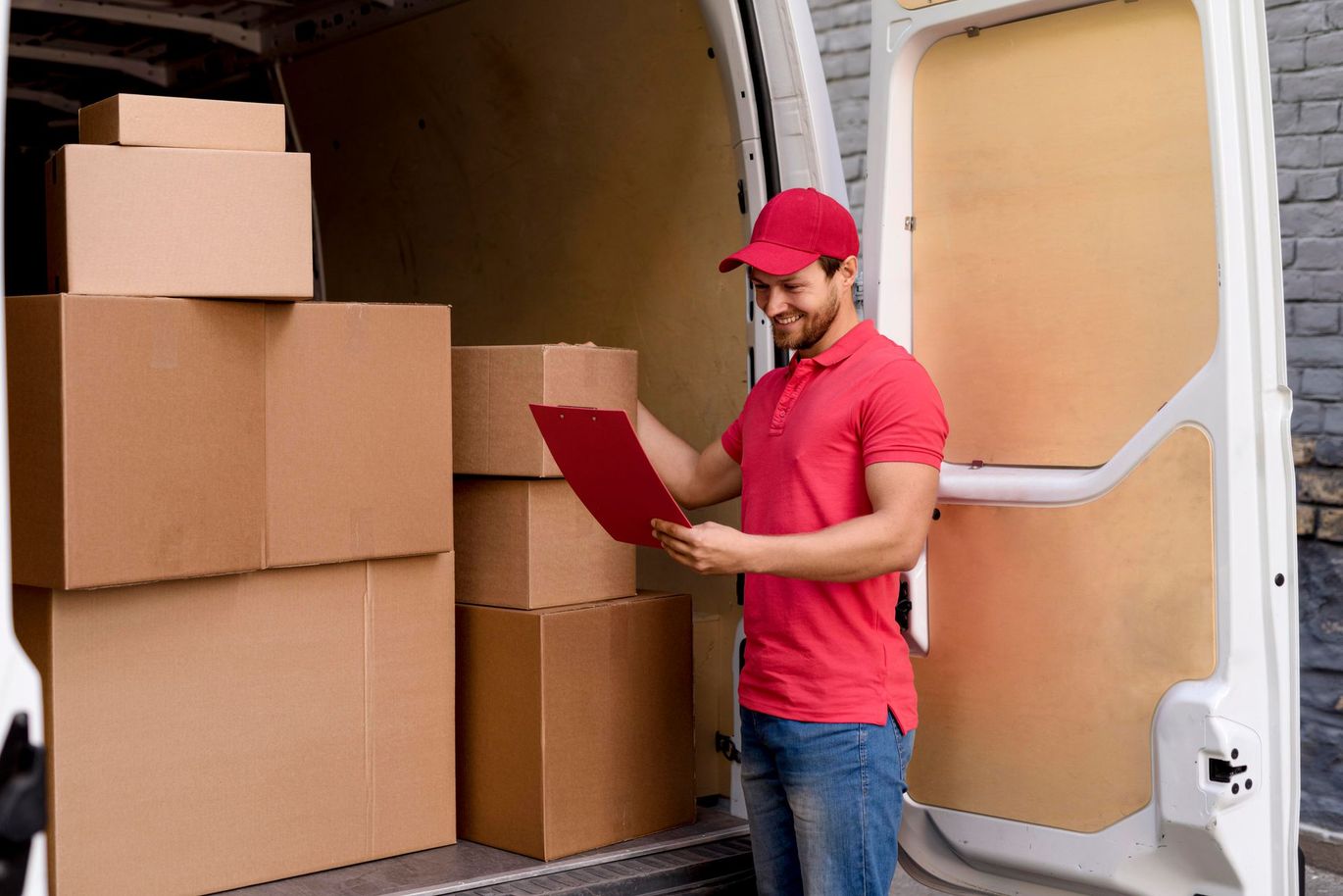 A delivery man is standing in front of a van filled with boxes and looking at a clipboard.