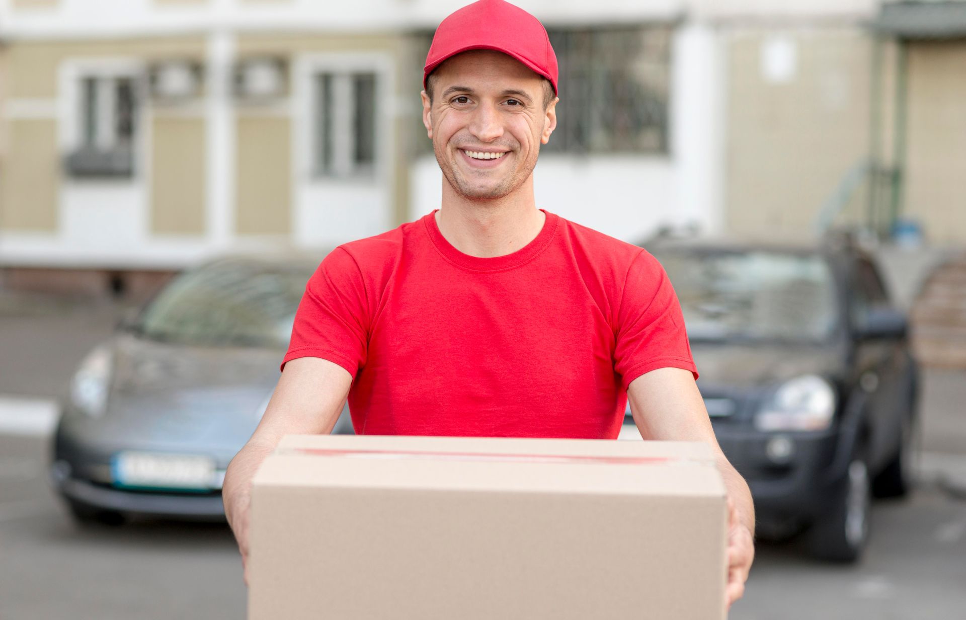 A delivery man is holding a cardboard box in front of a car.