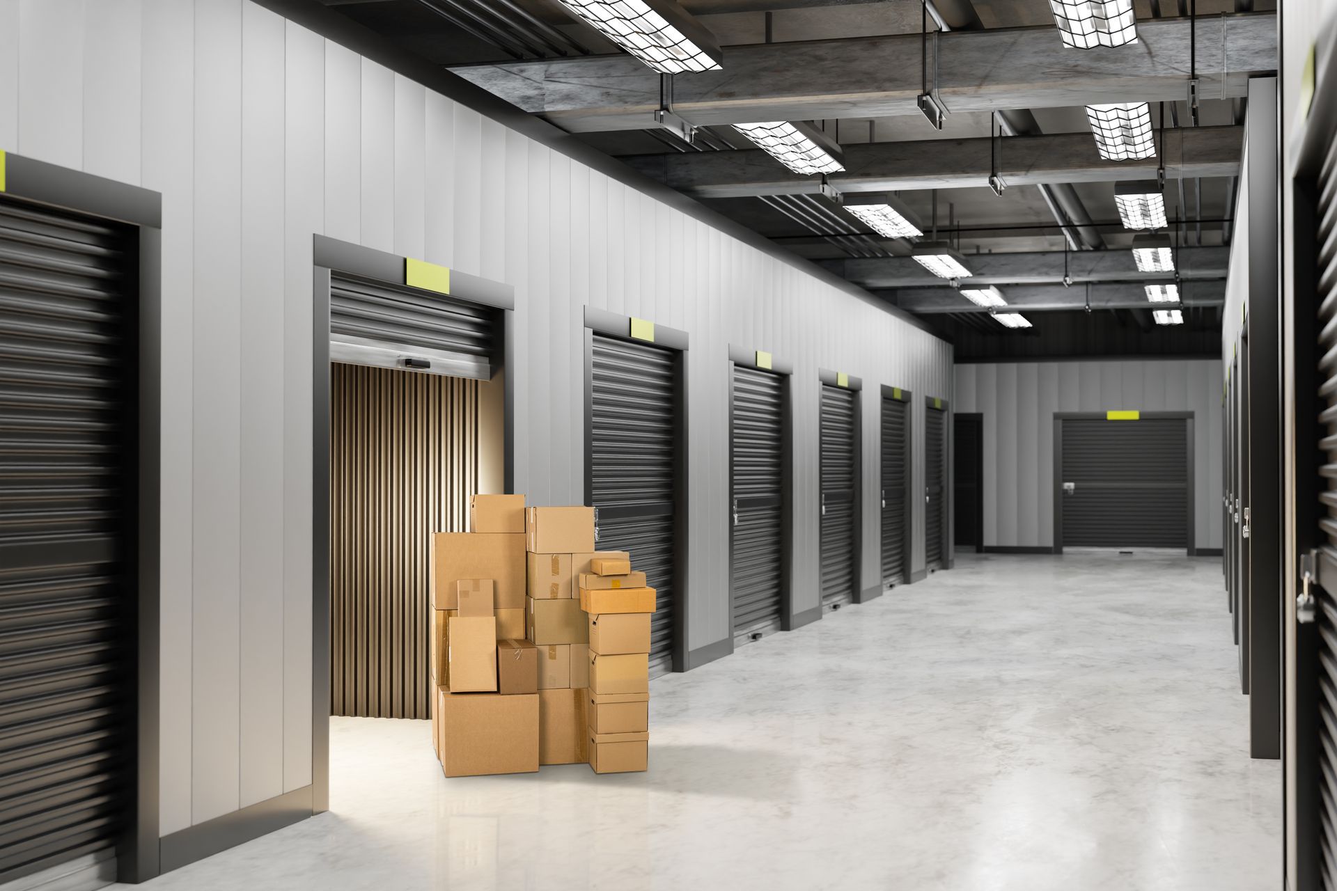 A row of cardboard boxes are stacked on top of each other in a warehouse.