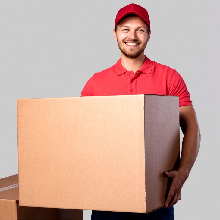 A man in a red shirt is holding a cardboard box