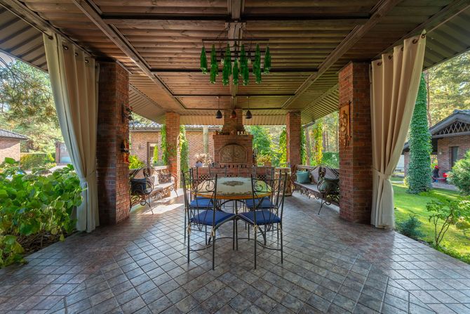 Covered outdoor patio with a dining table, chairs, brick fireplace, and garden view