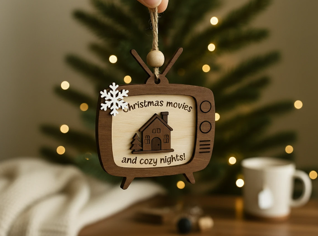 Laser Cut Wooden Retro TV Christmas Ornament