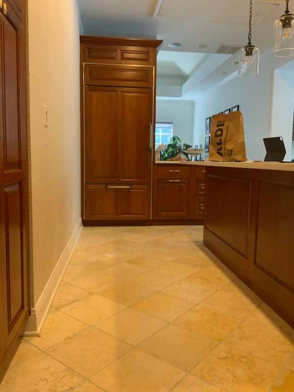 A kitchen with a bag that says aldi on it